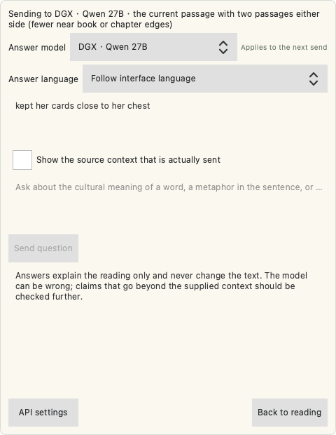 WhaleRead Ask AI dialog with answer language and visible source context controls